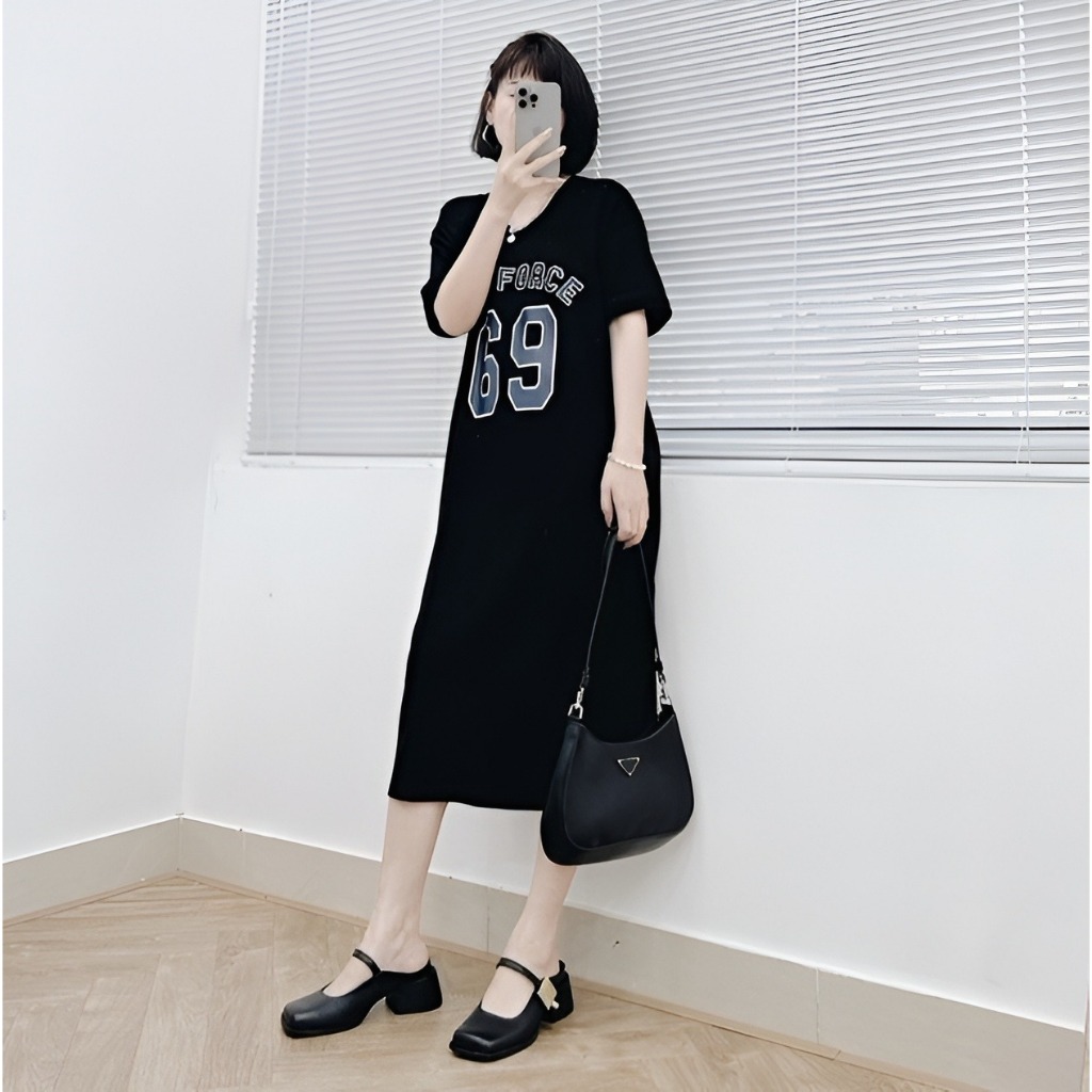Váy cổ tim dáng dài cộc tay xám đen số 69 Đầm form rộng thể thao basic bầu bigsize chubby mặc nhà đi chơi xinh T1318G