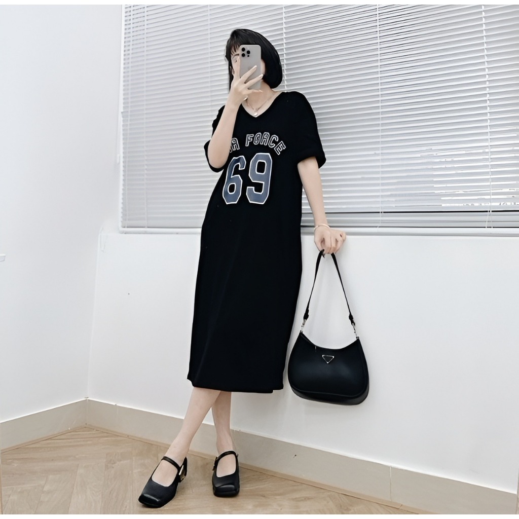 Váy cổ tim dáng dài cộc tay xám đen số 69 Đầm form rộng thể thao basic bầu bigsize chubby mặc nhà đi chơi xinh T1318G