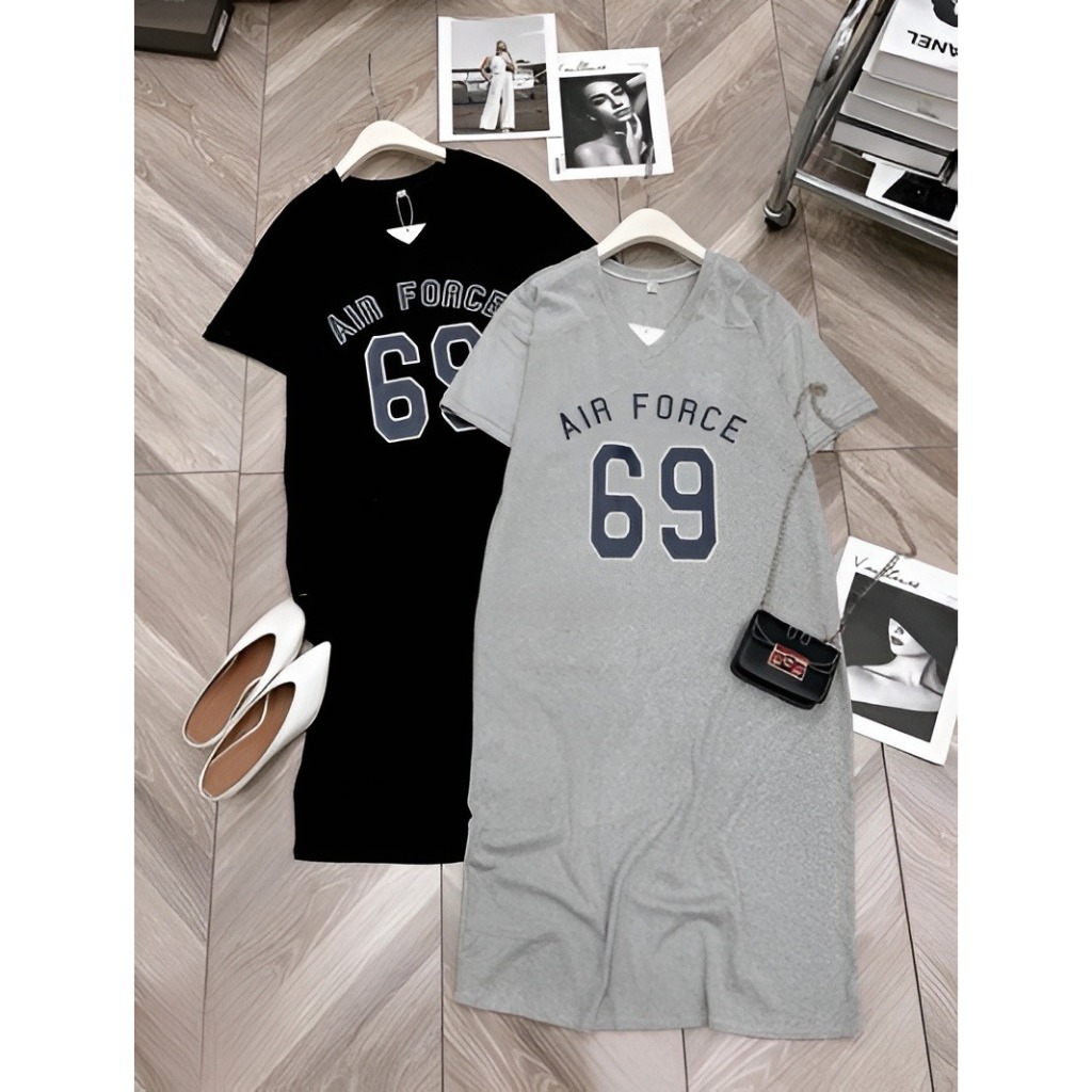 Váy cổ tim dáng dài cộc tay xám đen số 69 Đầm form rộng thể thao basic bầu bigsize chubby mặc nhà đi chơi xinh T1318G