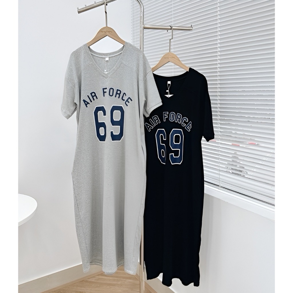 Váy cổ tim dáng dài cộc tay xám đen số 69 Đầm form rộng thể thao basic bầu bigsize chubby mặc nhà đi chơi xinh T1318G