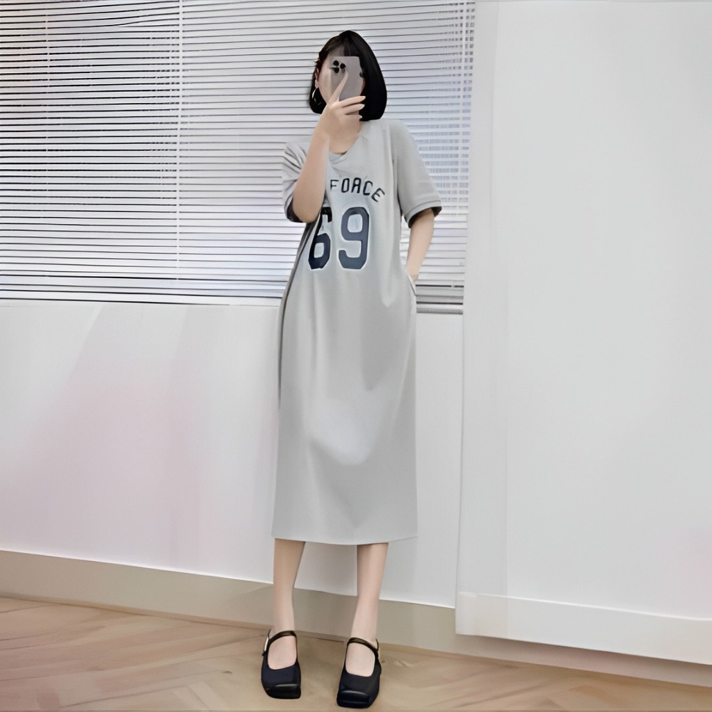 Váy cổ tim dáng dài cộc tay xám đen số 69 Đầm form rộng thể thao basic bầu bigsize chubby mặc nhà đi chơi xinh T1318G