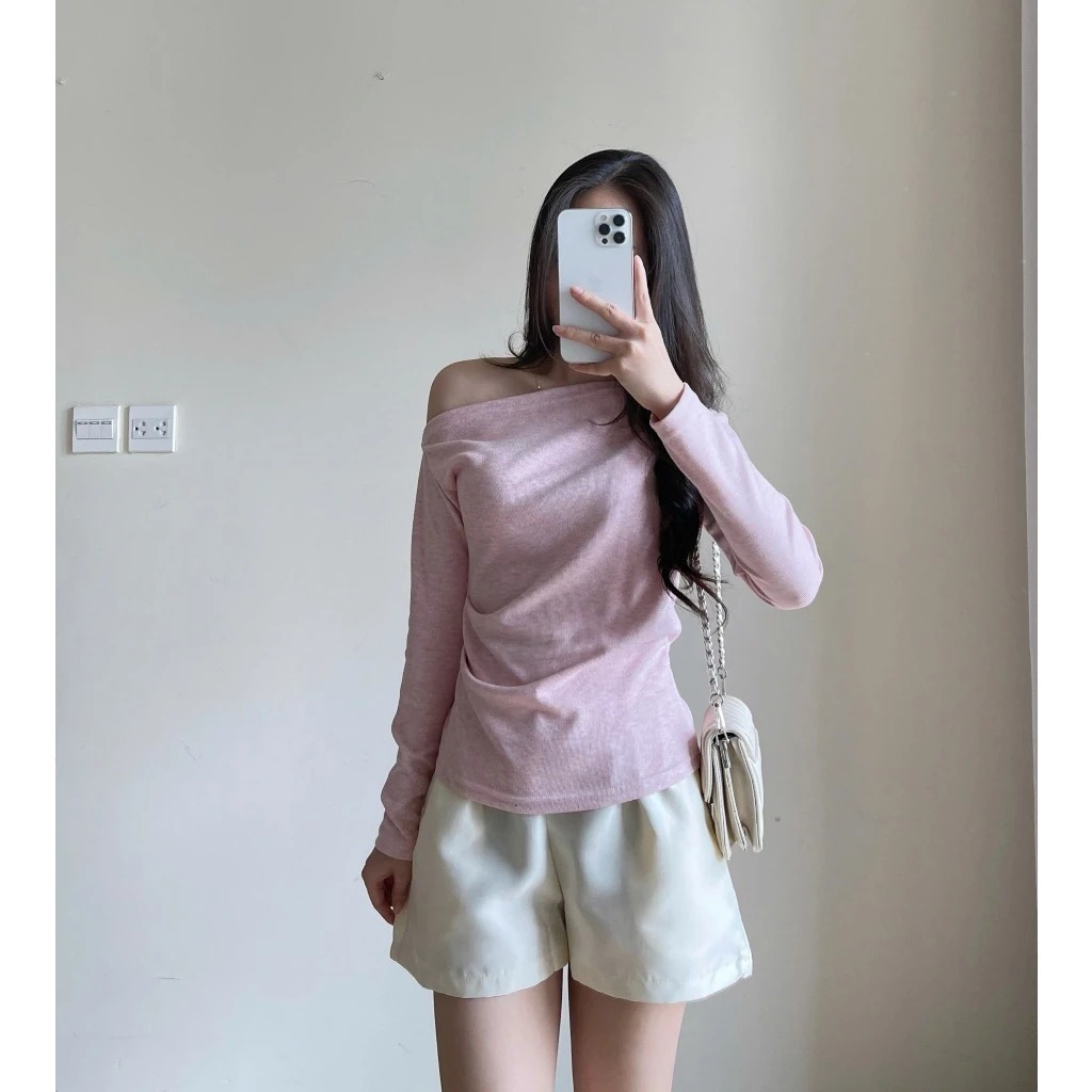Áo thun lệch vai dài tay nhún eo chất tăm dày Miha Studio