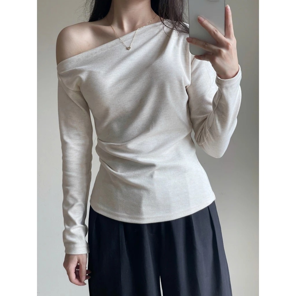 Áo thun lệch vai dài tay nhún eo chất tăm dày Miha Studio