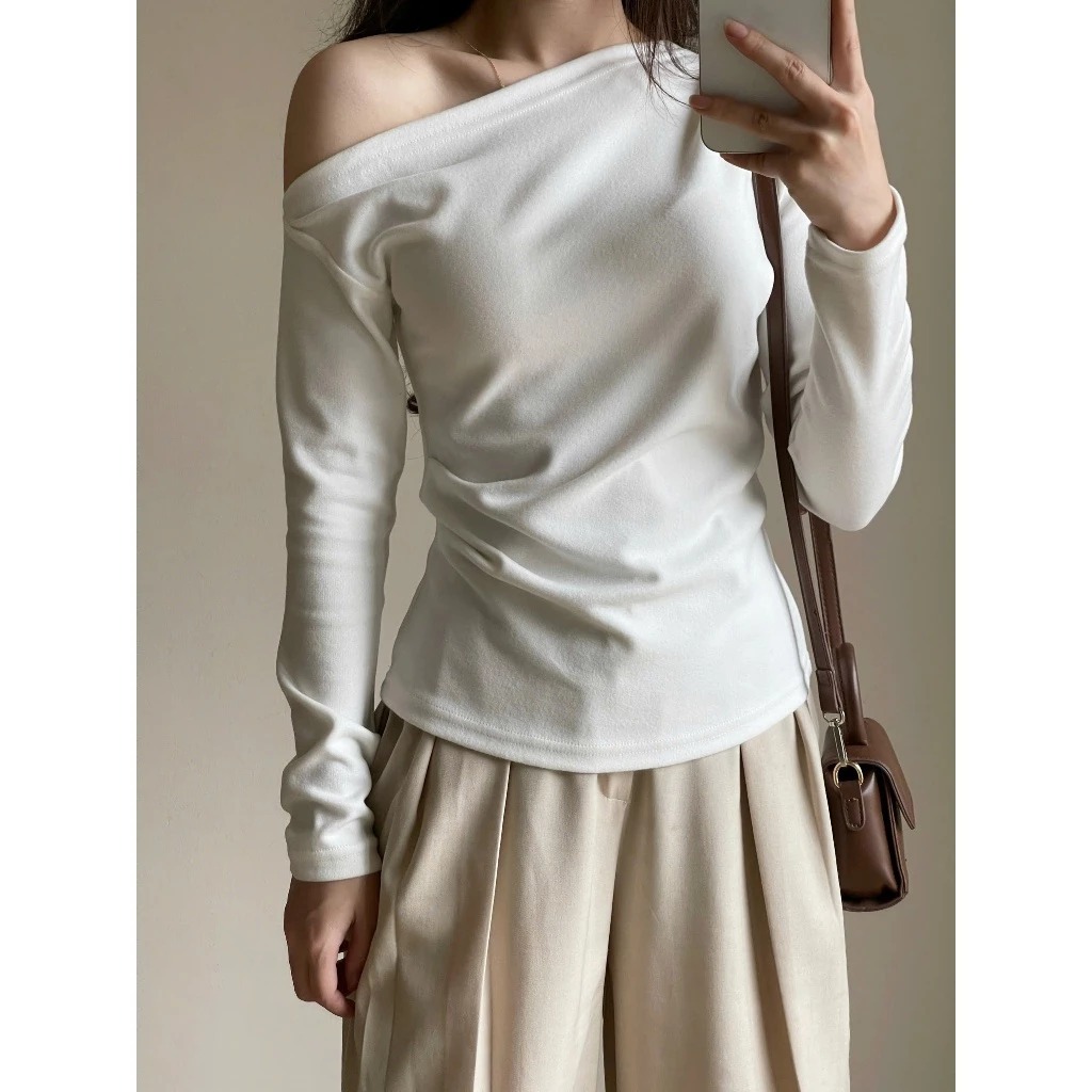 Áo thun lệch vai dài tay nhún eo chất tăm dày Miha Studio