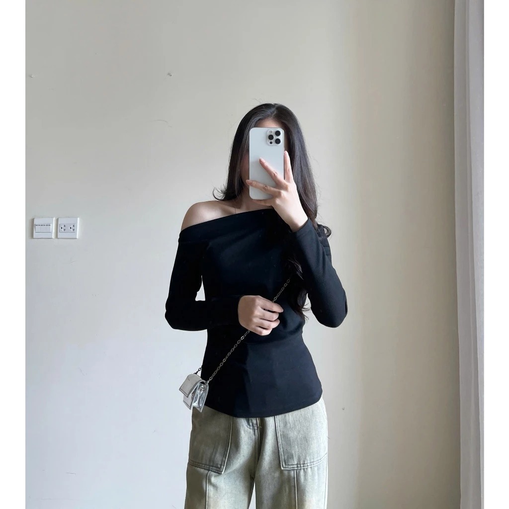 Áo thun lệch vai dài tay nhún eo chất tăm dày Miha Studio