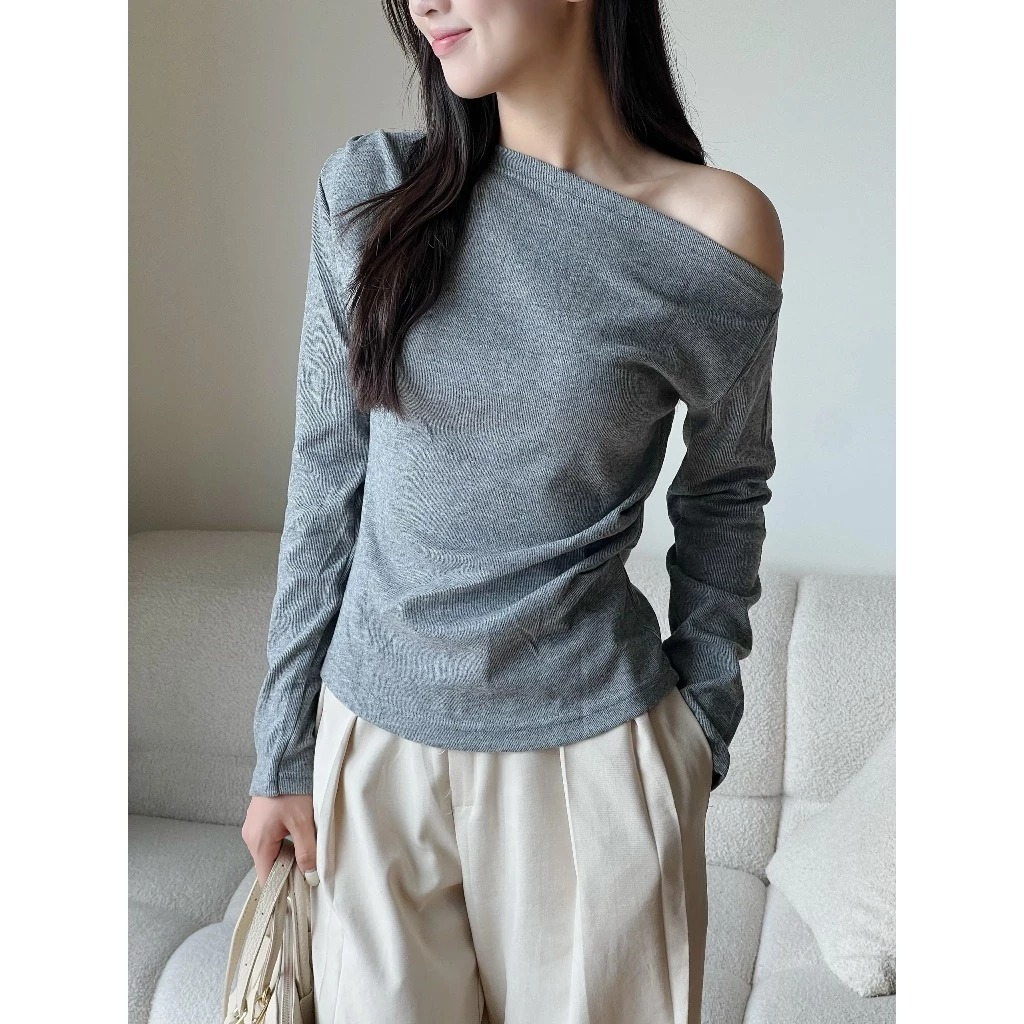 Áo thun lệch vai dài tay nhún eo chất tăm dày Miha Studio