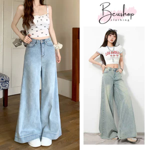 Quần Jean Loe Ống Rộng 33-37CM Nữ Lưng Cao Quần Jean Loe Nữ Bigsize Dài 95-100CM Ôm Eo Tôn Dáng BEU