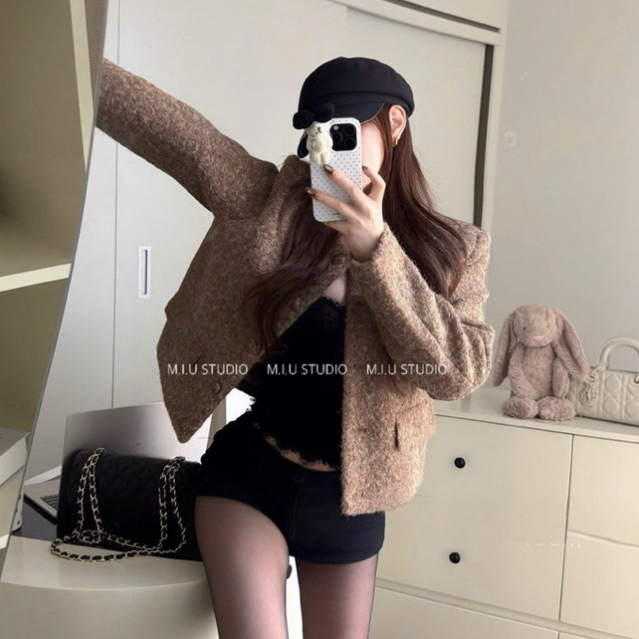 Áo dạ lông cổ tròn dài tay đính cúc kim loại phong cách vitage sang trọng ,Áo khoác nữ dáng lửng diện thu đông siêu xinh
