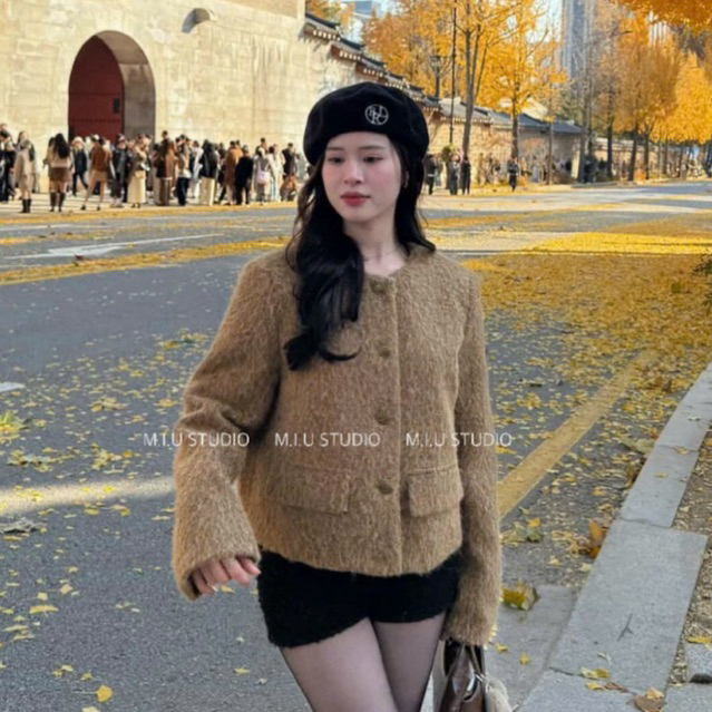 Áo dạ lông cổ tròn dài tay đính cúc kim loại phong cách vitage sang trọng ,Áo khoác nữ dáng lửng diện thu đông siêu xinh