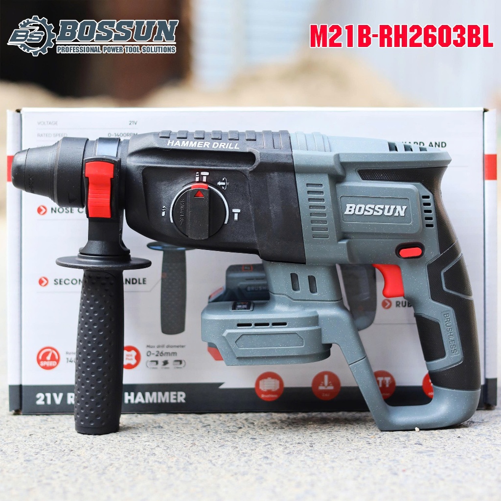 MÁY KHOAN BÊ TÔNG BOSSUN M21B-RH2603BL SDS PLUS – LỰC ĐẬP 2.6J – ĐỘNG CƠ KHÔNG CHỔI THAN