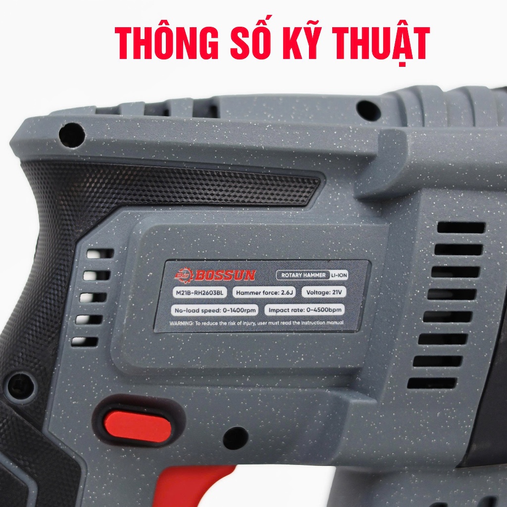 MÁY KHOAN BÊ TÔNG BOSSUN M21B-RH2603BL SDS PLUS – LỰC ĐẬP 2.6J – ĐỘNG CƠ KHÔNG CHỔI THAN