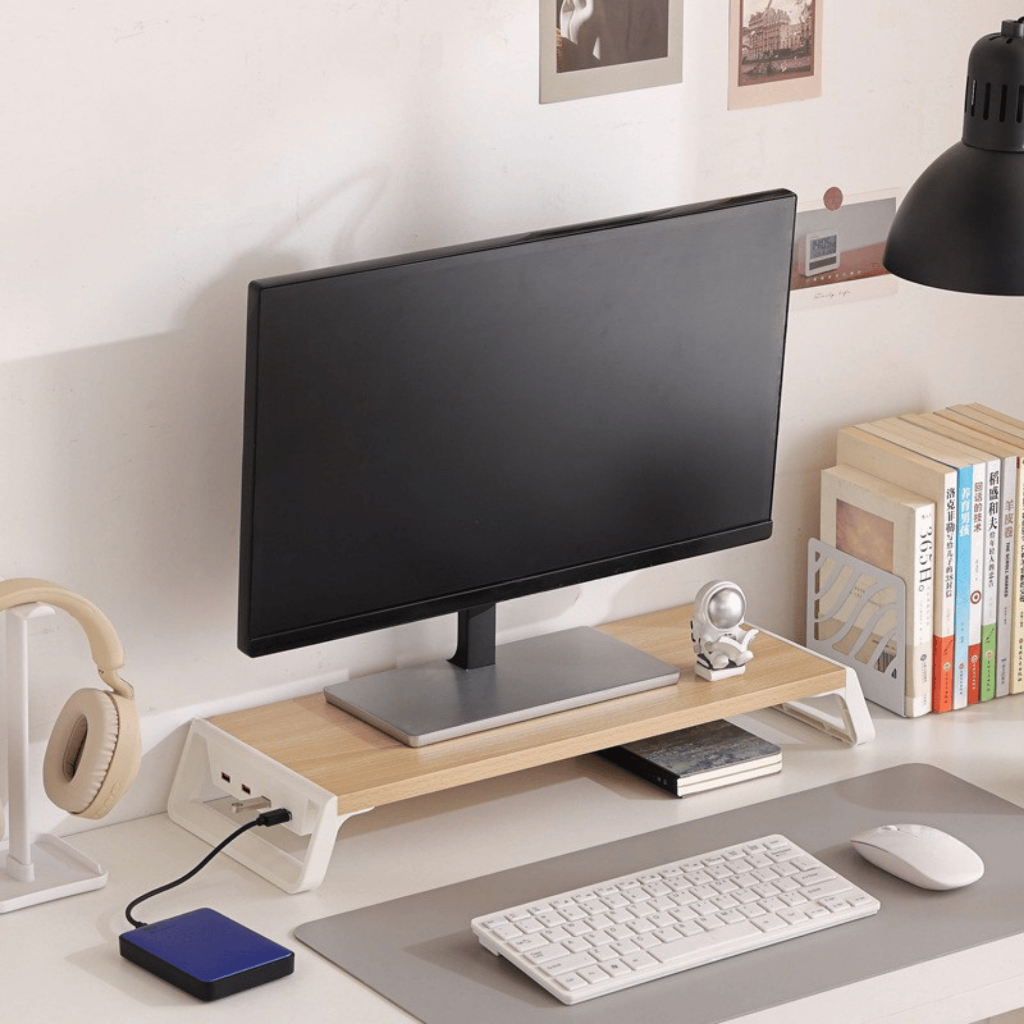 Kệ Máy Tính Cổng USB, Kệ Gỗ Để màn Hình Máy Tính Laptop Có Cổng Sạc USB cực tiện lợi gọn gàng