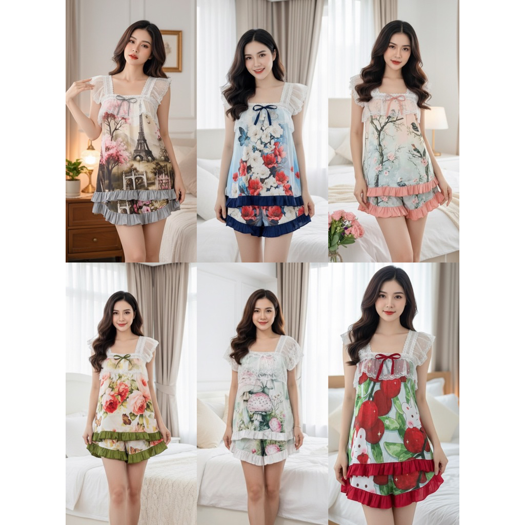 35-55kg Bộ ngủ 2 dây ren hoạ tiết dễ thương lụa latin phối ren