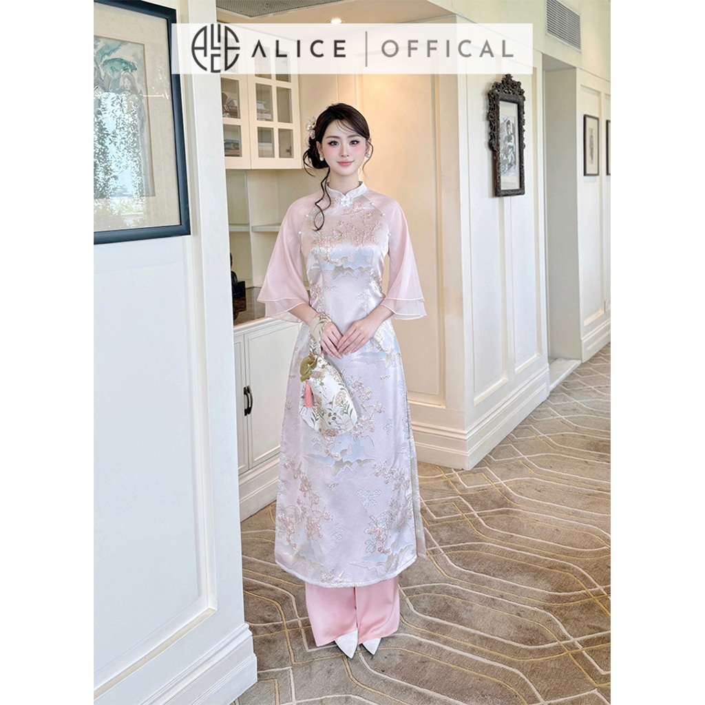 Áo Dài Cach Tân Mây Hồng Alice Chất Gấm Phối Tơ Hàn Đính Hoa Cao Cấp, Áo Tay Lửng Cổ Truyền Thống AD992