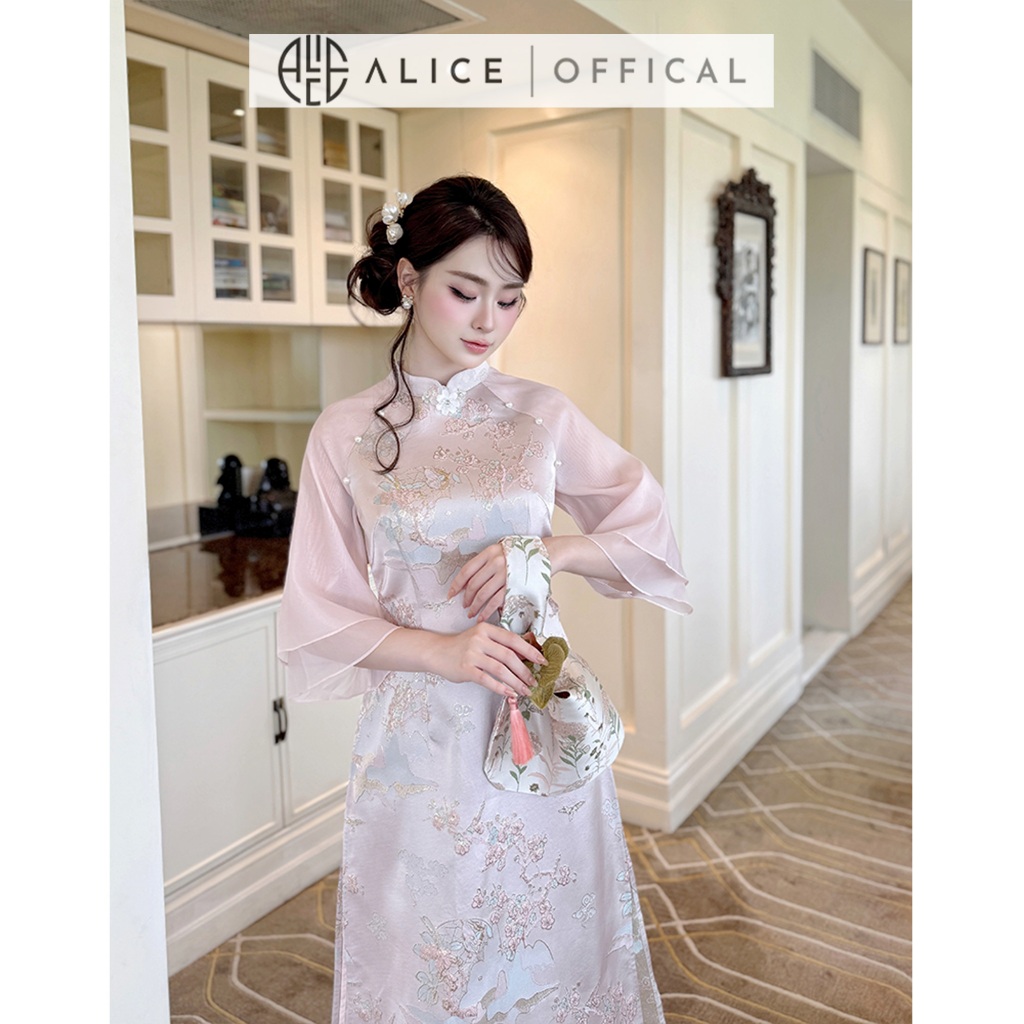 Áo Dài Cach Tân Mây Hồng Alice Chất Gấm Phối Tơ Hàn Đính Hoa Cao Cấp, Áo Tay Lửng Cổ Truyền Thống AD992