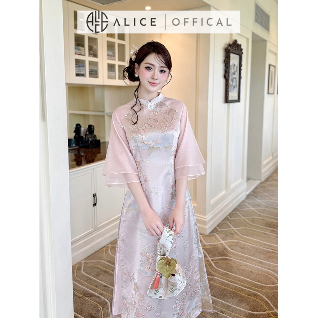Áo Dài Cach Tân Mây Hồng Alice Chất Gấm Phối Tơ Hàn Đính Hoa Cao Cấp, Áo Tay Lửng Cổ Truyền Thống AD992