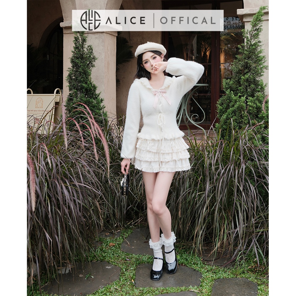 Set Váy Thu Đông Alice Cao Cấp, Áo Len Lông Cổ Bèo Phối Nơ Kèm Chân Váy Nhung Tăm Nhiều Tầng Dáng Ngắn S1002