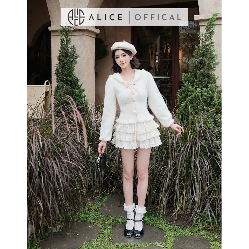 Set Váy Thu Đông Alice Cao Cấp, Áo Len Lông Cổ Bèo Phối Nơ Kèm Chân Váy Nhung Tăm Nhiều Tầng Dáng Ngắn S1002