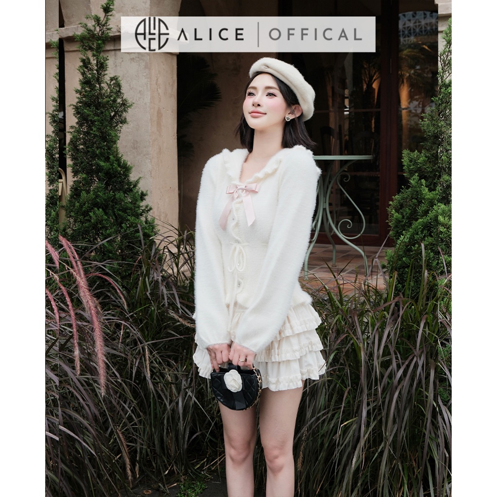 Set Váy Thu Đông Alice Cao Cấp, Áo Len Lông Cổ Bèo Phối Nơ Kèm Chân Váy Nhung Tăm Nhiều Tầng Dáng Ngắn S1002