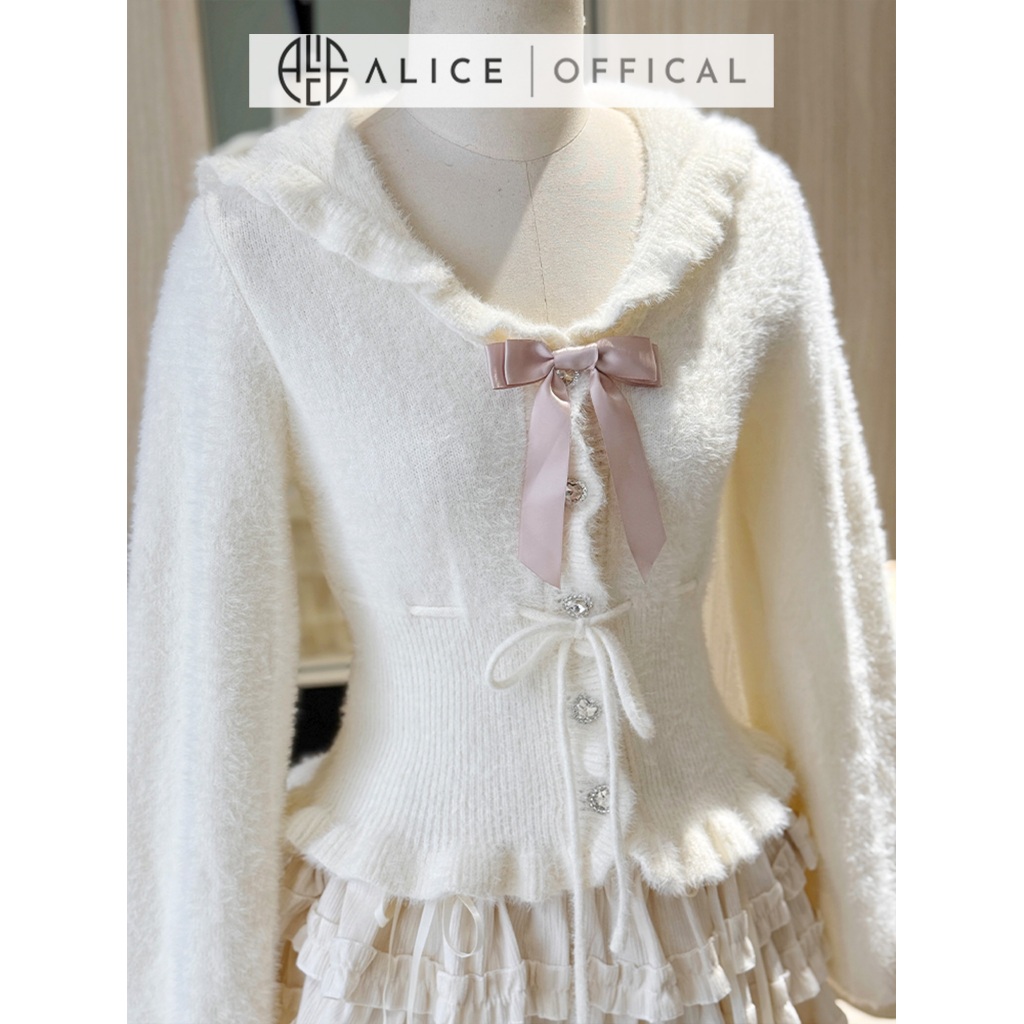 Set Váy Thu Đông Alice Cao Cấp, Áo Len Lông Cổ Bèo Phối Nơ Kèm Chân Váy Nhung Tăm Nhiều Tầng Dáng Ngắn S1002
