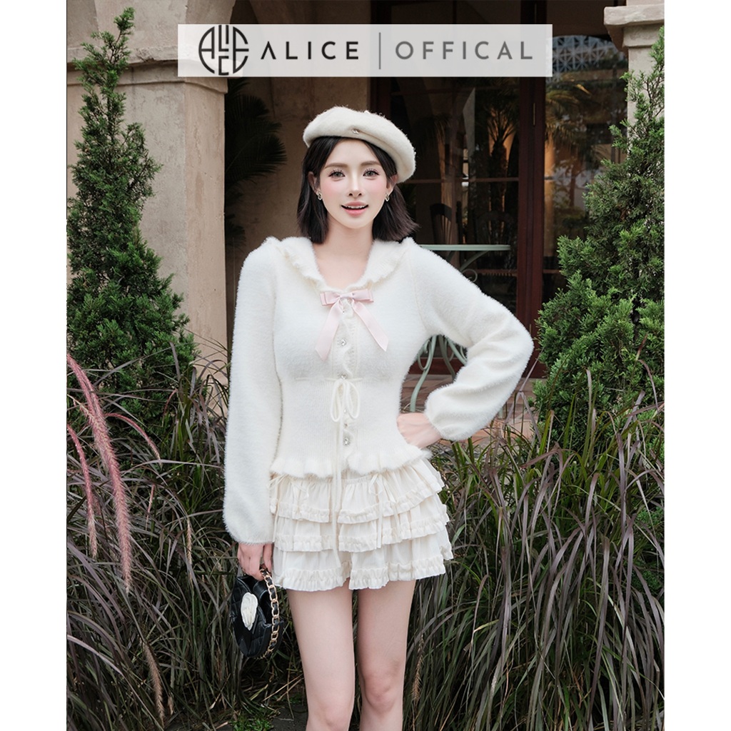 Set Váy Thu Đông Alice Cao Cấp, Áo Len Lông Cổ Bèo Phối Nơ Kèm Chân Váy Nhung Tăm Nhiều Tầng Dáng Ngắn S1002