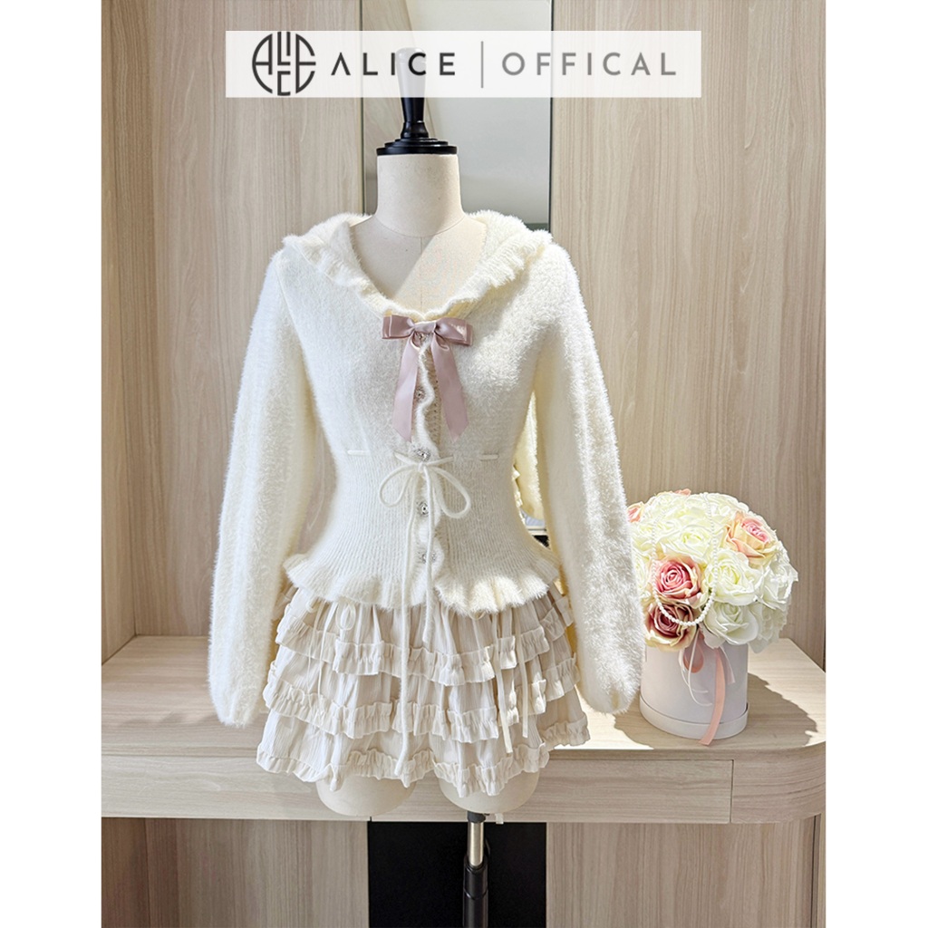Set Váy Thu Đông Alice Cao Cấp, Áo Len Lông Cổ Bèo Phối Nơ Kèm Chân Váy Nhung Tăm Nhiều Tầng Dáng Ngắn S1002