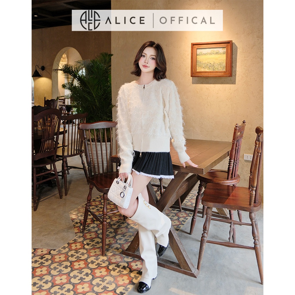 Set Váy Thu Đông Alice Áo Khoác Len Lông Kim Tuyến Dài Tay Khóa Kéo Phối Chân Váy Len Freesize Dưới 56kg S1005