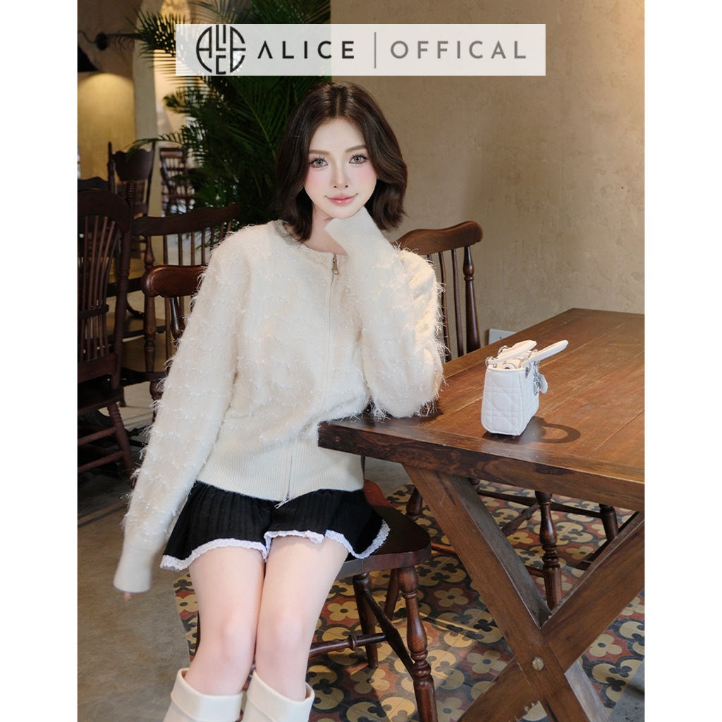 Set Váy Thu Đông Alice Áo Khoác Len Lông Kim Tuyến Dài Tay Khóa Kéo Phối Chân Váy Len Freesize Dưới 56kg S1005