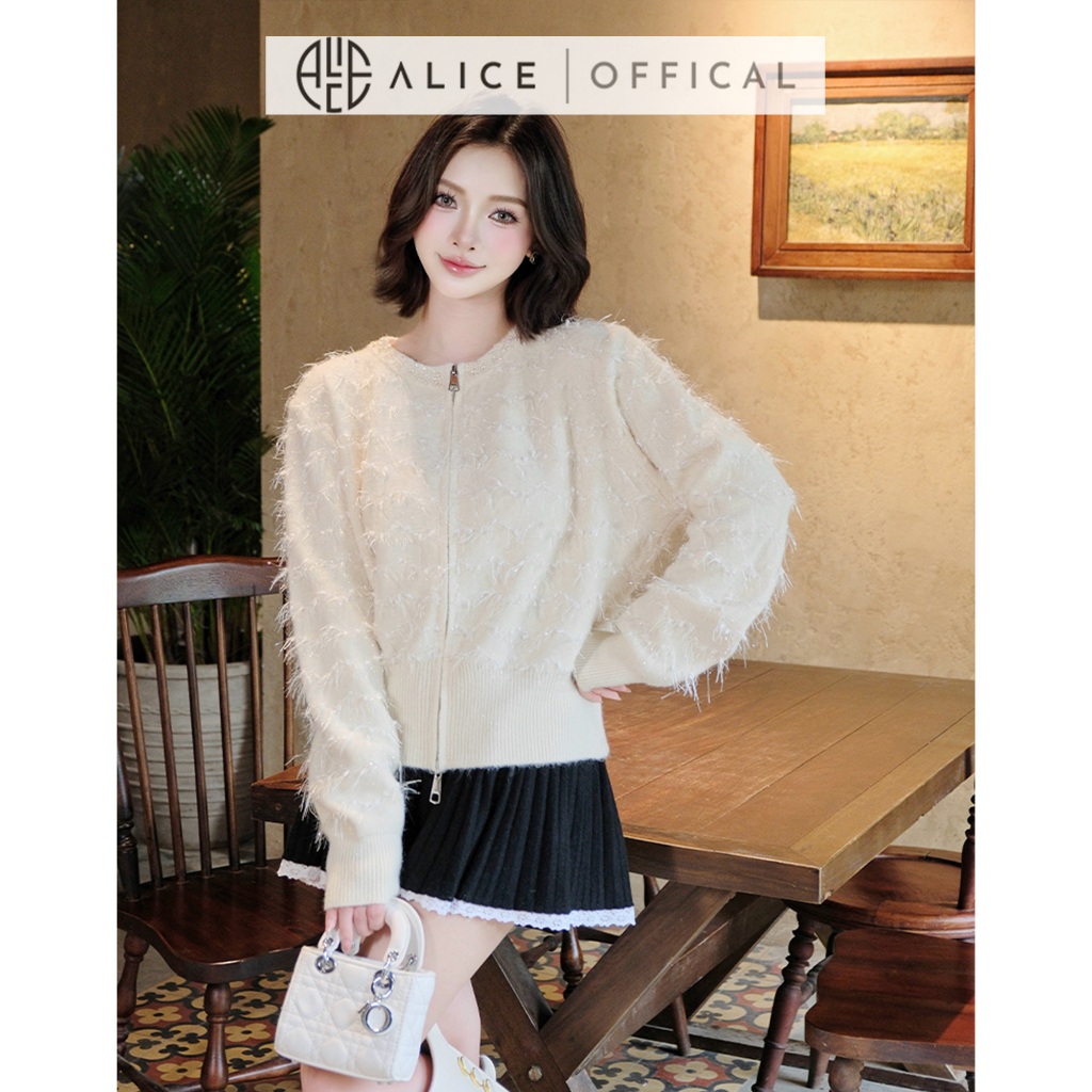Set Váy Thu Đông Alice Áo Khoác Len Lông Kim Tuyến Dài Tay Khóa Kéo Phối Chân Váy Len Freesize Dưới 56kg S1005