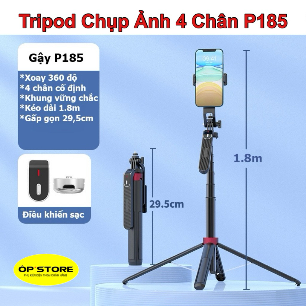 Gậy Chụp Ảnh Quay Phim 4 chân Tripod P185 - Gắn  điện thoại livestream, quay phim, chụp ảnh, kéo dài 180cm, có remote