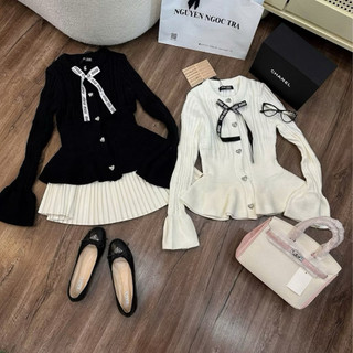 LT - Áo len nữ khuy tim đính nơ, dáng áo peplum xoè dài tay thu đông 1457