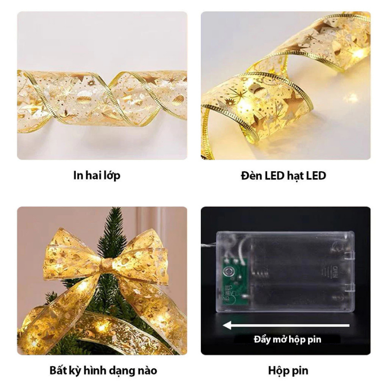 Dây ruy băng có đèn led trang trí cây thông Noen, decor Trang trí Giáng Sinh sáng tạo