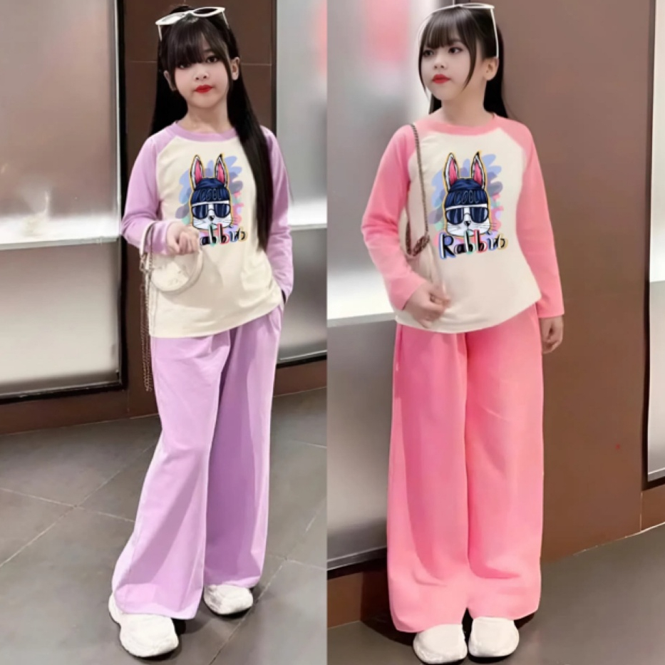 14-45KG,Sét đồ mùa thu cho bé gái in hình thỏ,chất vải thun tăm co giãn thoải mái.M45