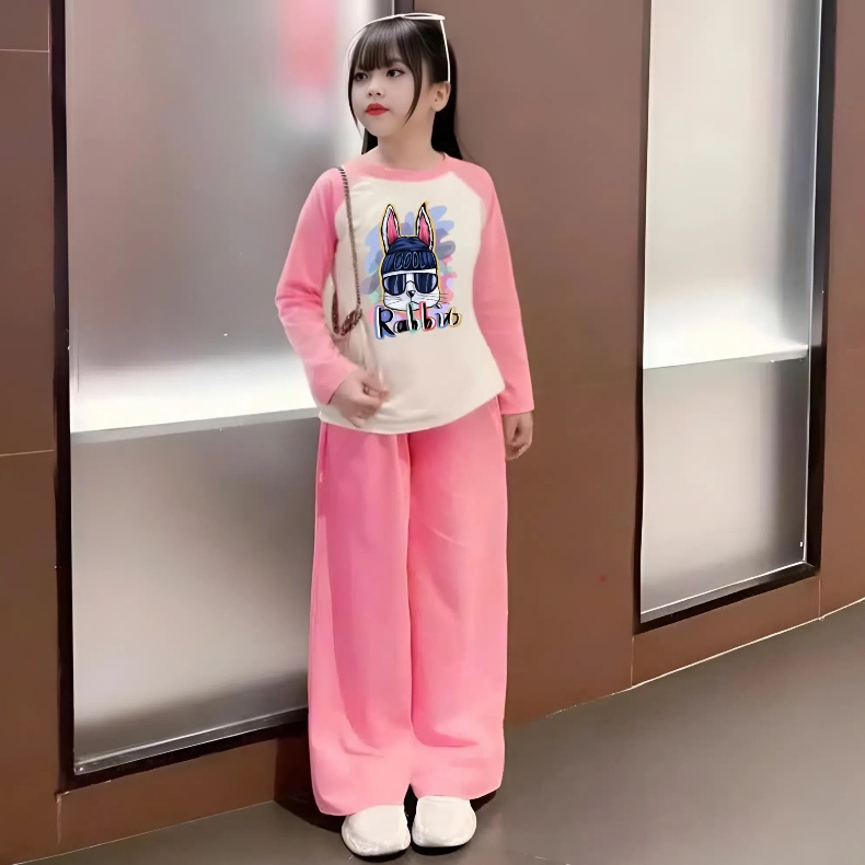 14-45KG,Sét đồ mùa thu cho bé gái in hình thỏ,chất vải thun tăm co giãn thoải mái.M45