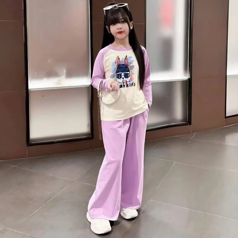 14-45KG,Sét đồ mùa thu cho bé gái in hình thỏ,chất vải thun tăm co giãn thoải mái.M45