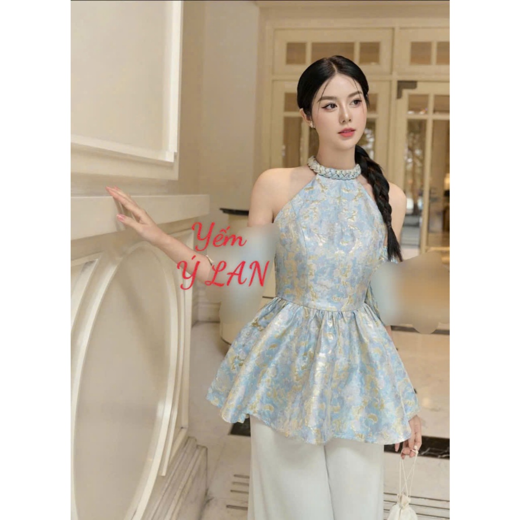 Áo Dài Cổ Yếm Cách Tân Gấm Cổ Tết Chiết Eo Xòe Kèm Quần Lụa Suông Mặc Tết SAN Clothings - P99