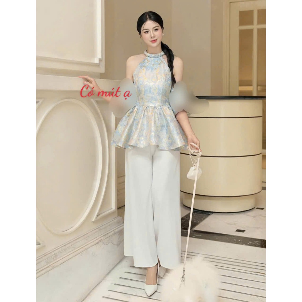 Áo Dài Cổ Yếm Cách Tân Gấm Cổ Tết Chiết Eo Xòe Kèm Quần Lụa Suông Mặc Tết SAN Clothings - P99