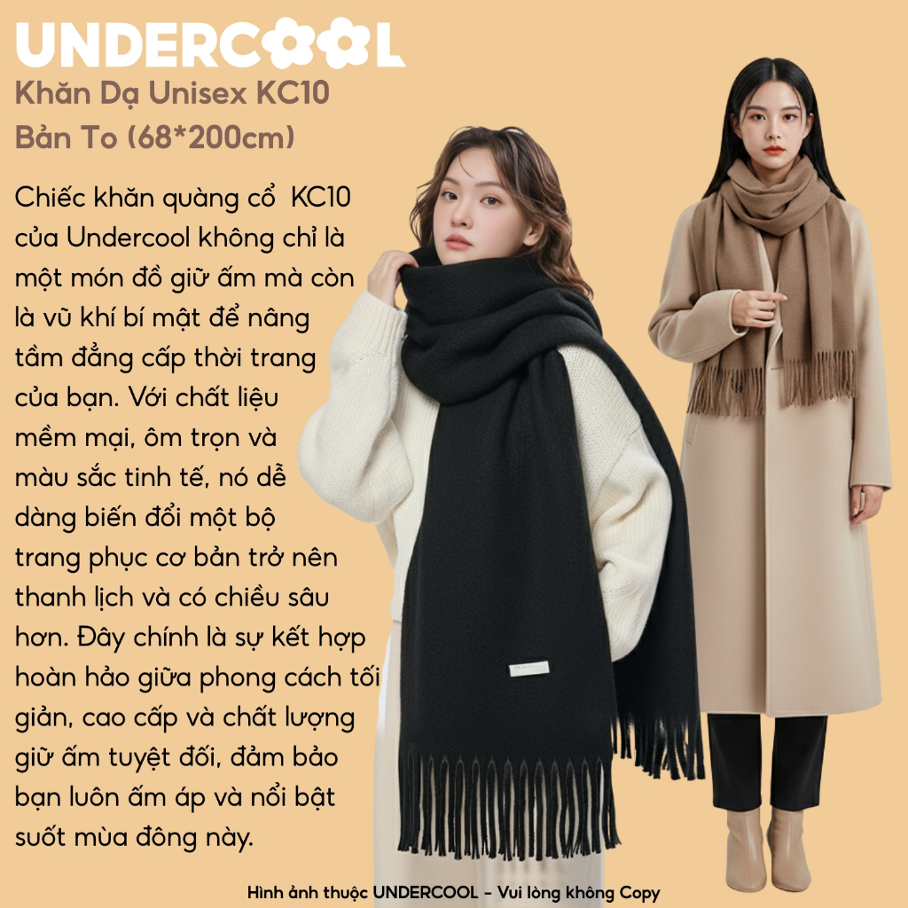 Khăn Choàng Dạ Cashmere Unisex UNDERCOOL Siêu Ấm Bản To 68x200cm Mềm Mịn, Chống Lạnh Tốt, Phong Cách Hàn Quốc KC10