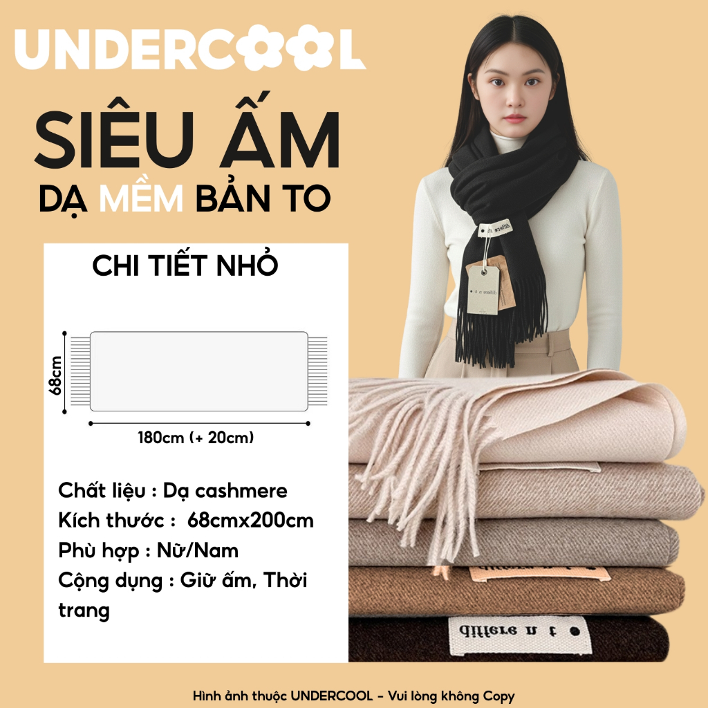 Khăn Choàng Dạ Cashmere Unisex UNDERCOOL Siêu Ấm Bản To 68x200cm Mềm Mịn, Chống Lạnh Tốt, Phong Cách Hàn Quốc KC10