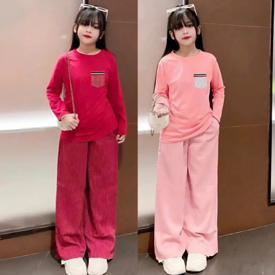 14-45KG,Sét bộ mùa thu cho bé gái đính túi trước ngực,phối quần kẻ,chất thun tăm co giãn thoải mái.M44