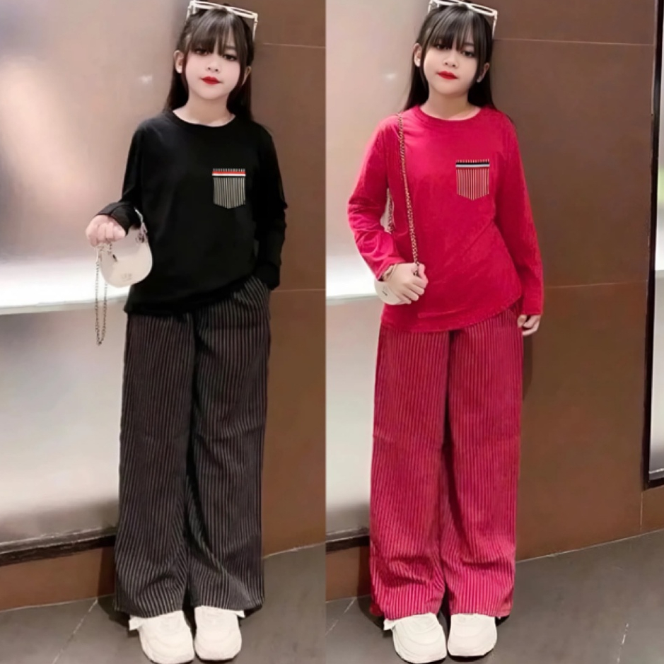 14-45KG,Sét bộ mùa thu cho bé gái đính túi trước ngực,phối quần kẻ,chất thun tăm co giãn thoải mái.M44