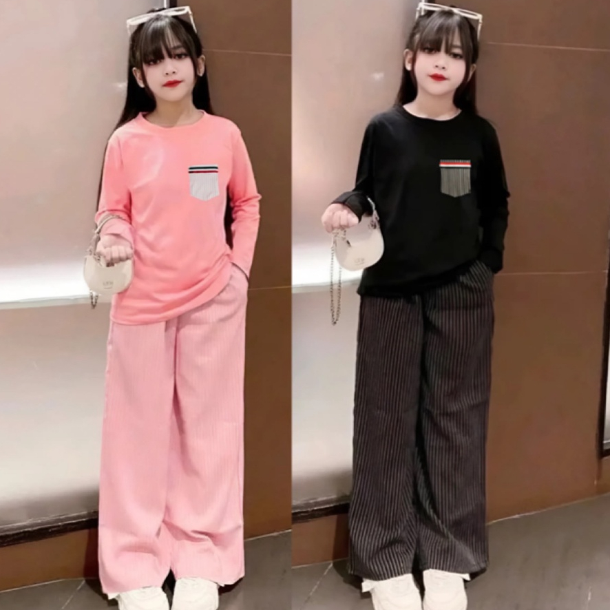 14-45KG,Sét bộ mùa thu cho bé gái đính túi trước ngực,phối quần kẻ,chất thun tăm co giãn thoải mái.M44