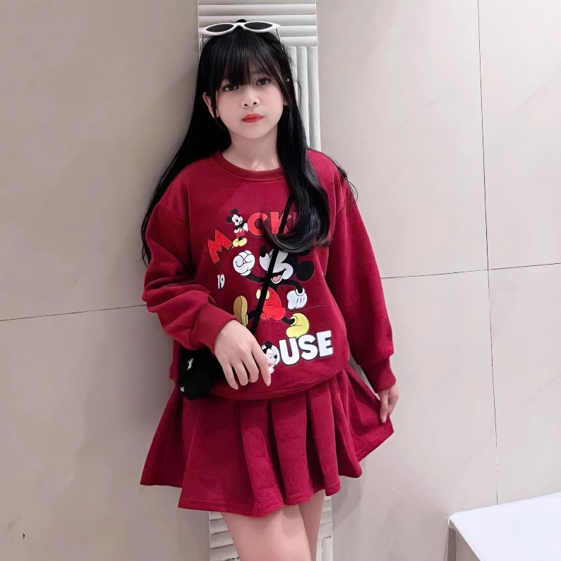 (Hàng loại 1).Sét váy nỉ xếp ly có lót bảo hộ cho bé gái in hình chuột,chất vải nỉ 2 da dầy dặn.V06