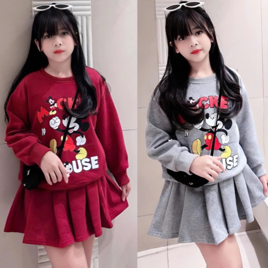 (Hàng loại 1).Sét váy nỉ xếp ly có lót bảo hộ cho bé gái in hình chuột,chất vải nỉ 2 da dầy dặn.V06