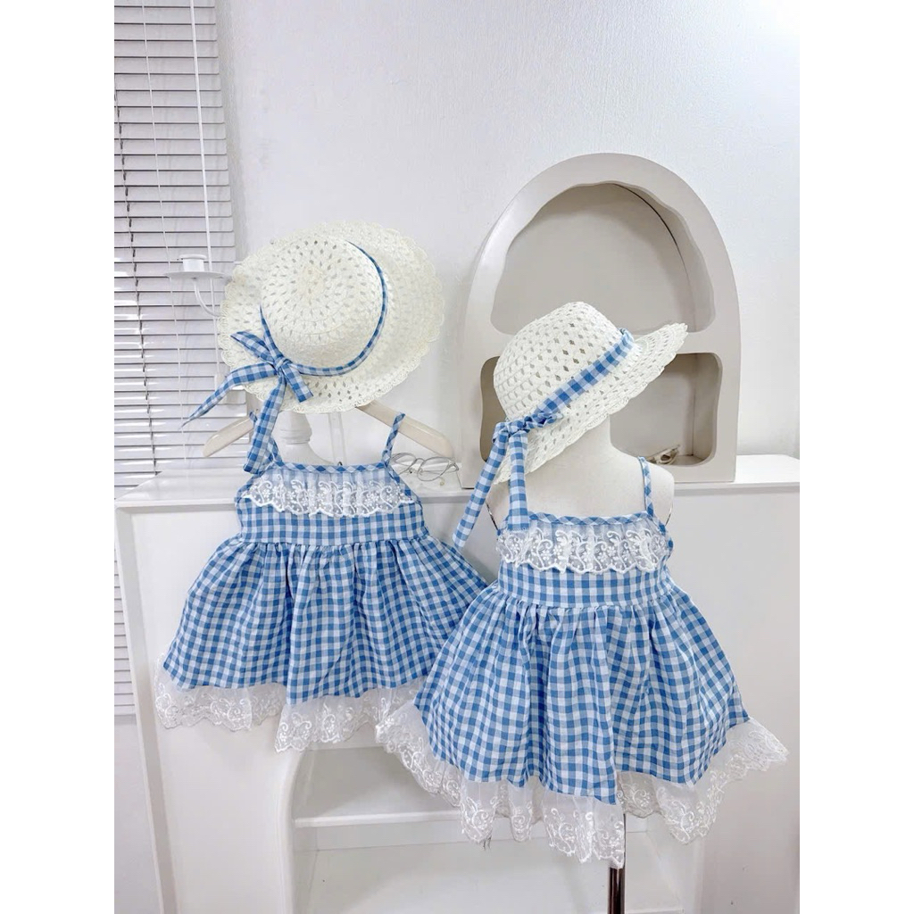 (Mekembean ) TẶNG MŨ , Váy 2dây kẻ xanh mix ren điệu đà , tiểu thư cho bé gái , váy bé gái mùa hè 6-30kg