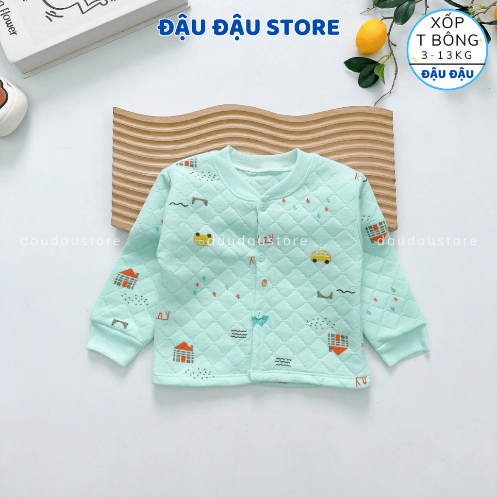 (Set 3-5) Áo Xốp Dài Tay Trần Bông Cho Bé Sơ Sinh nhiều màu cổ tàu cúc giữa cho bé trai gái 4-15kg Đậu Đậu Store AXOP01