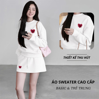 Set Bộ Nỉ Nữ Thu Đông CHEPOL Cổ Tròn, In Trái Tim, Chất Nỉ Chân Cua Cao Cấp (Áo Sweater Trắng + Chân Váy Trắng)-CP_17104