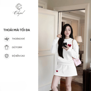 Set Bộ Nỉ Nữ Thu Đông CHEPOL Cổ Tròn, In Trái Tim, Chất Nỉ Chân Cua Cao Cấp (Áo Sweater Trắng + Chân Váy Trắng)-CP_17104