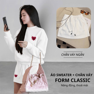 Set Bộ Nỉ Nữ Thu Đông CHEPOL Cổ Tròn, In Trái Tim, Chất Nỉ Chân Cua Cao Cấp (Áo Sweater Trắng + Chân Váy Trắng)-CP_17104