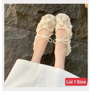 Giày Bệt Ren Hoa Hồng thêu nổi 5D Tiểu thư - Giày búp bê đế dẻo gắn nơ xinh xắn Mã V037